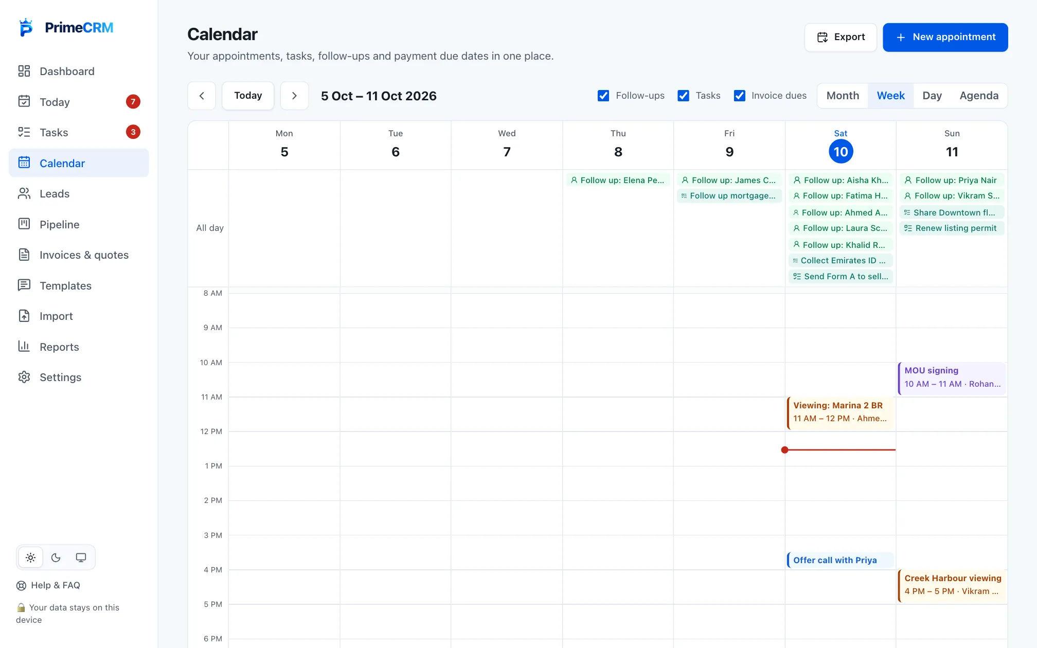 Prime CRM Calendar screen with sample data