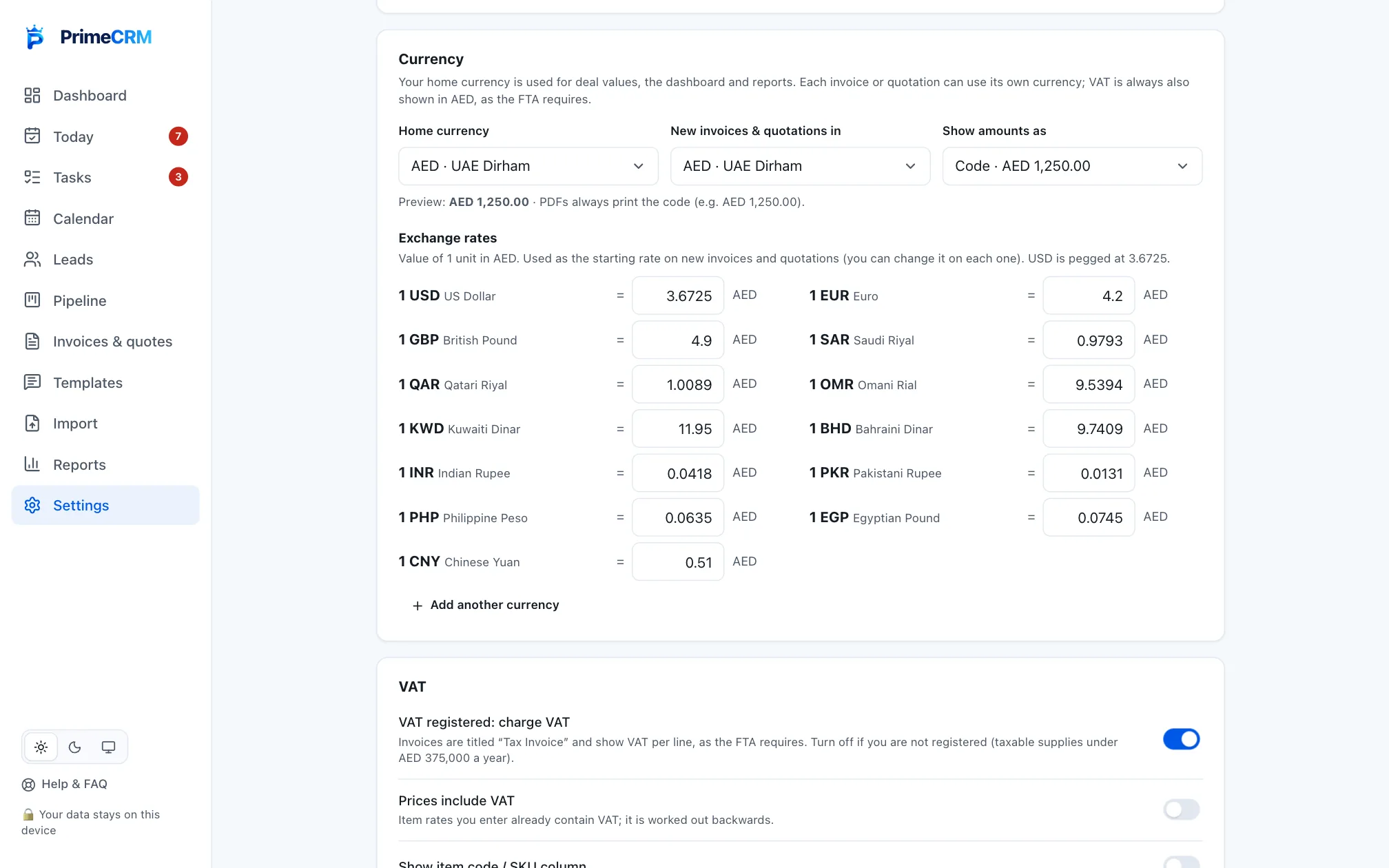 Prime CRM currency settings screen with sample data
