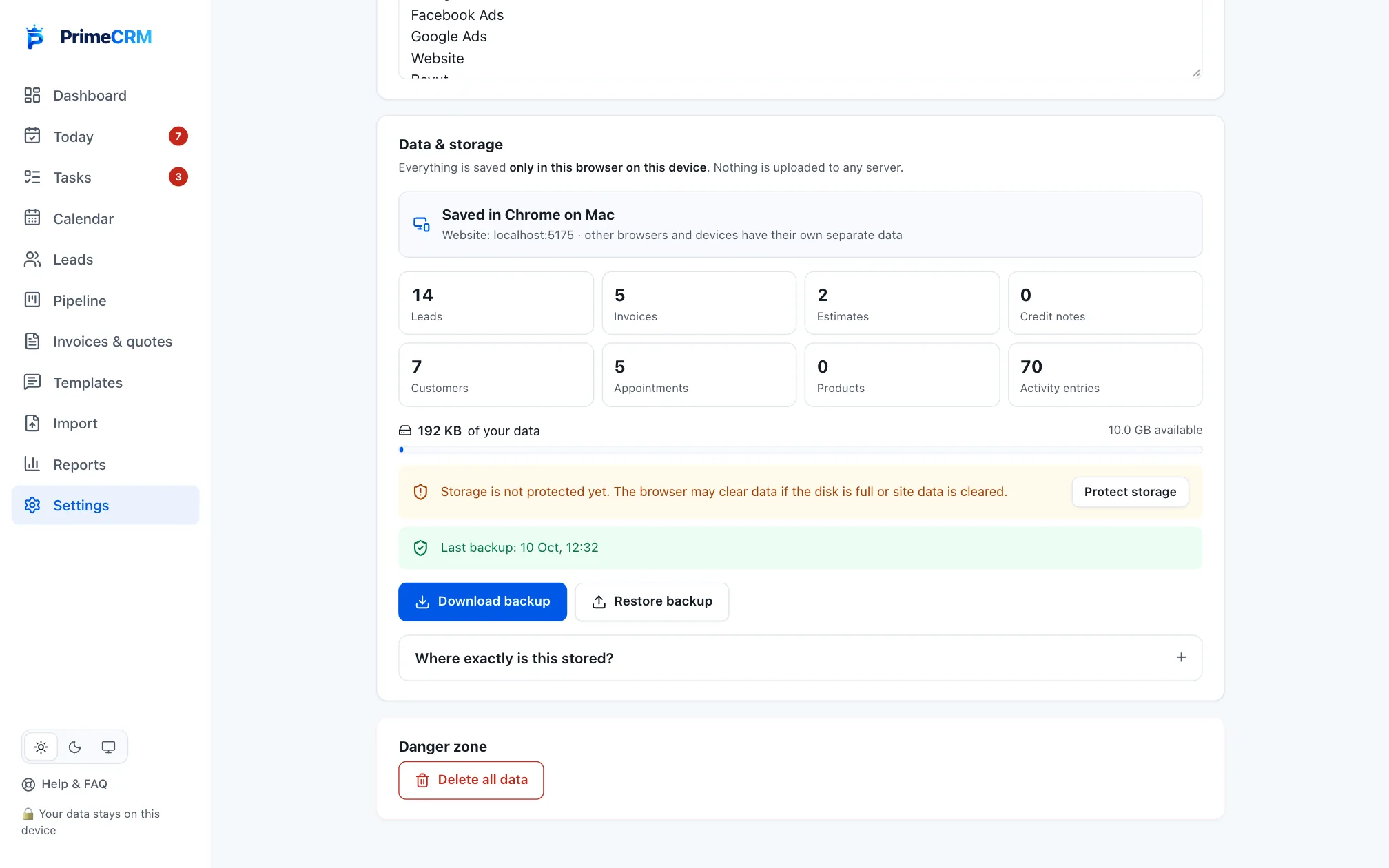Prime CRM Your Data screen with sample data