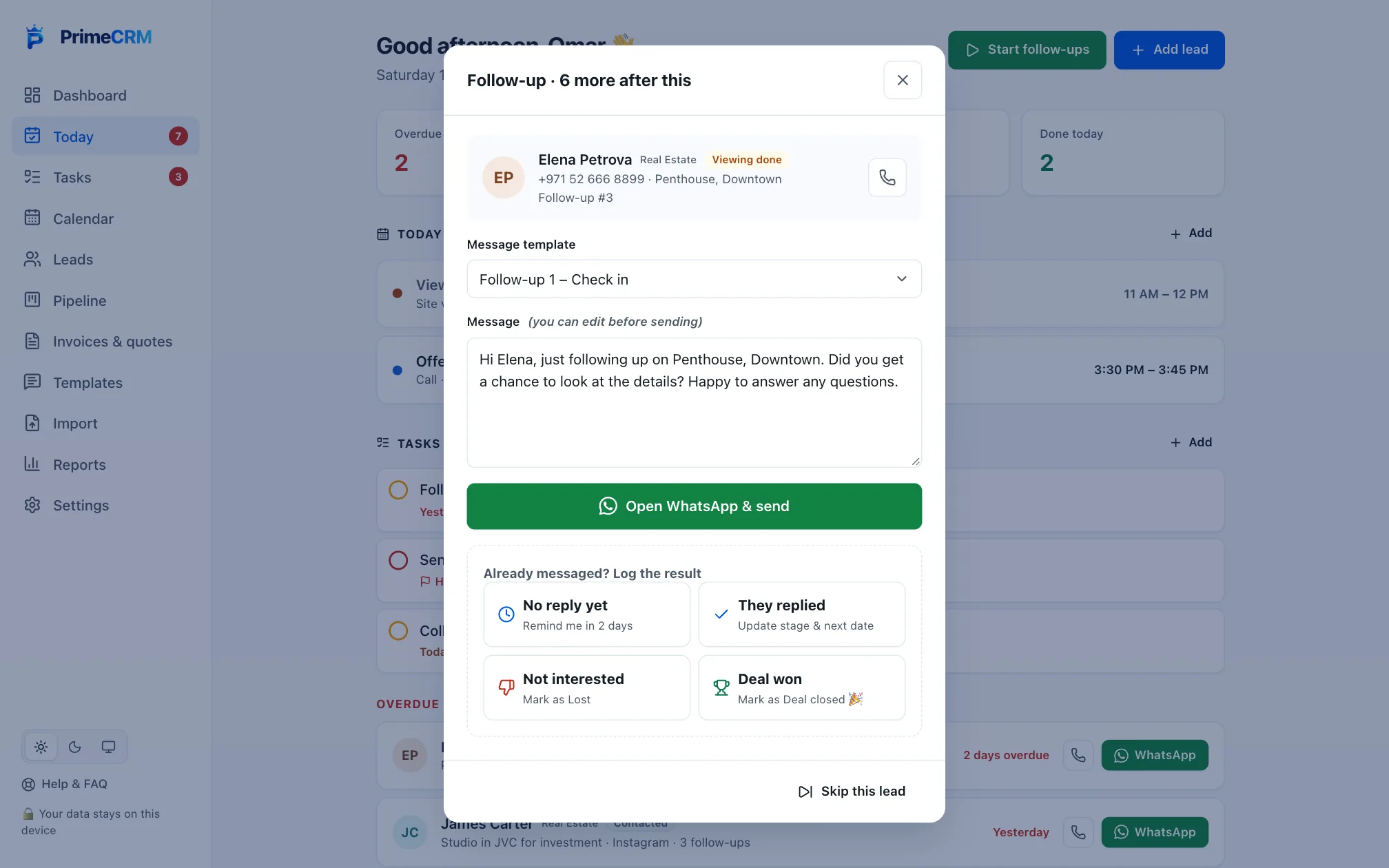 Prime CRM WhatsApp Follow-up screen with sample data
