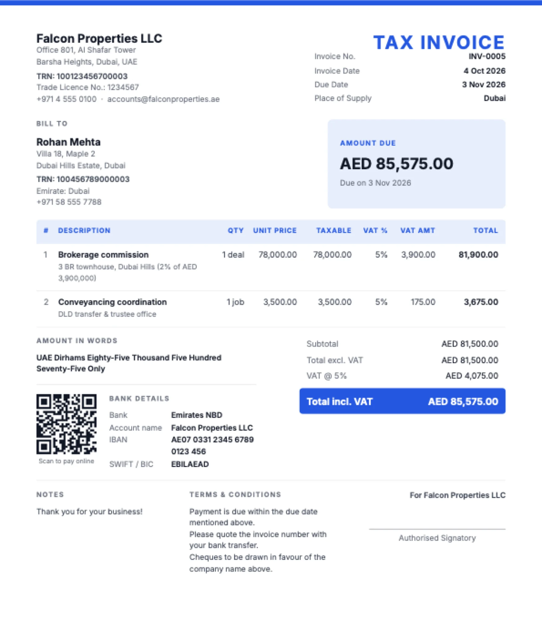 UAE VAT tax invoice PDF with supplier and customer TRN, VAT per line, total in AED and IBAN