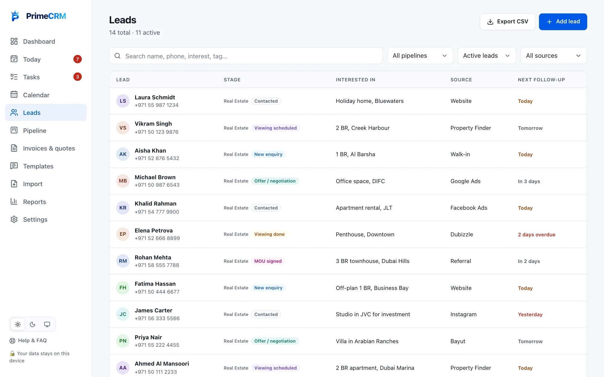 Prime CRM Leads screen with sample data