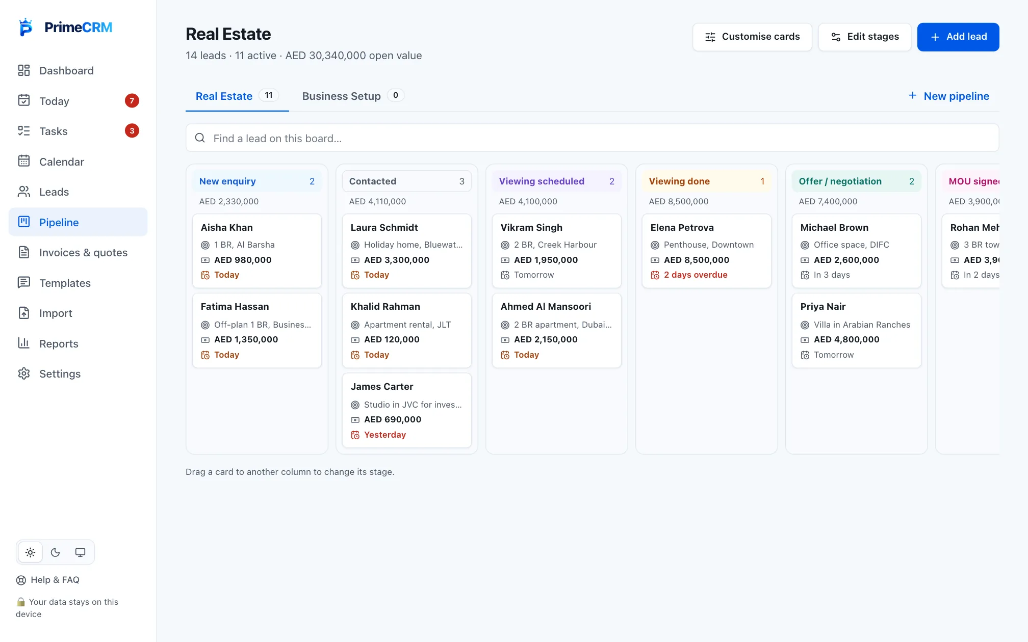 Prime CRM Pipeline screen with sample data