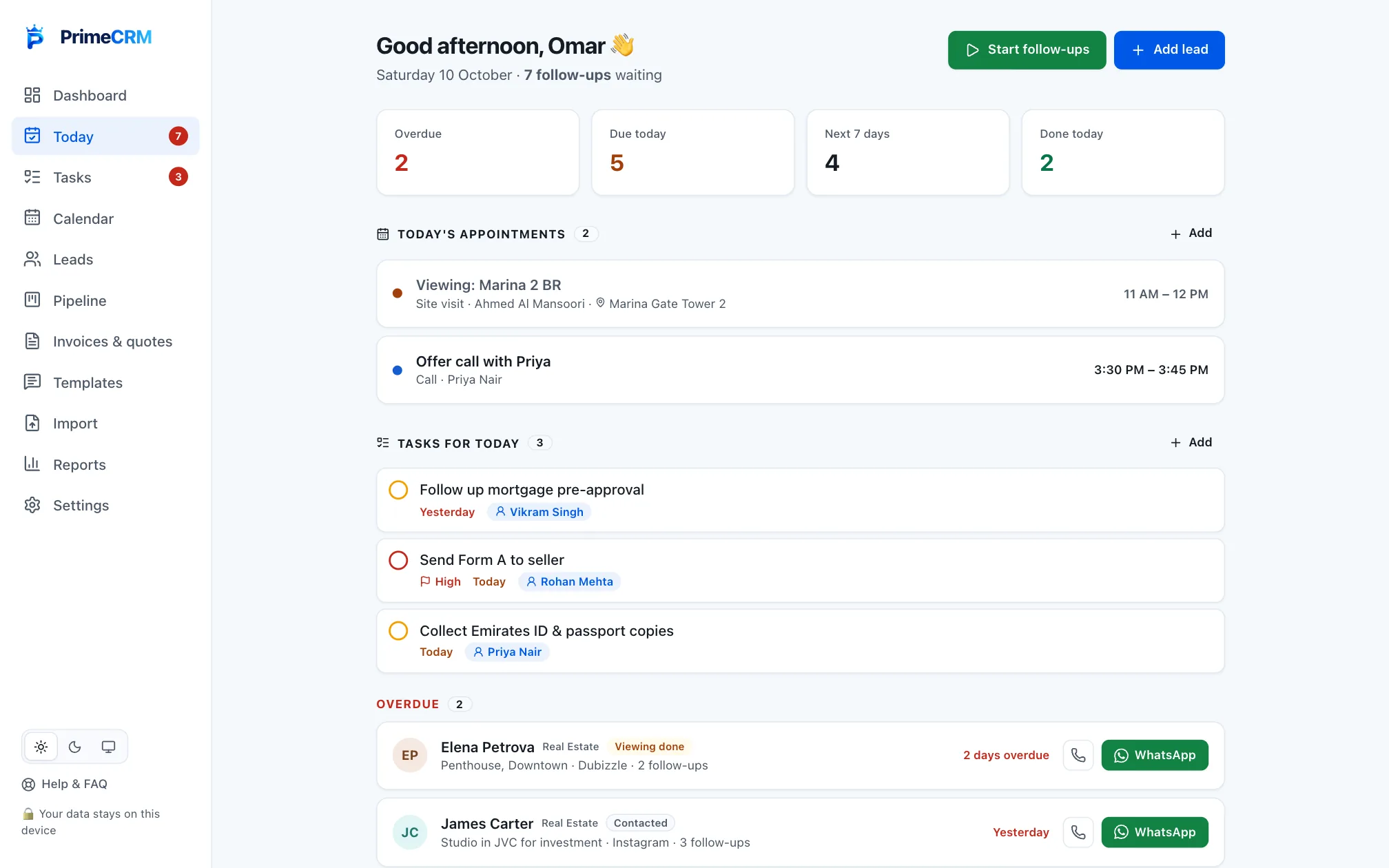 Prime CRM Today screen with sample data